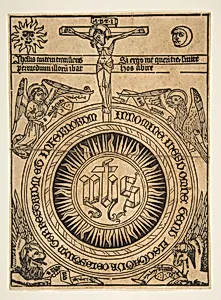 The Sacred Monogram with the Symbols of the Evangelists and the Crucifixion (Schr. 1812) by Anonymous, German, 15th century