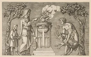 The Sacrifice of a Ram; naked man at right guiding a ram towards an altar pyre, hooded priest at left with a young attendant
