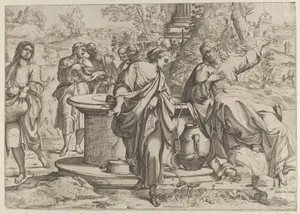 The Samaritan woman standing at the well, Christ seated next to her pointing to the right, after Annibale Caracci