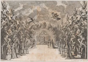 The Seat of Saturn; Saturn at center, seated on a throne of rubble, conversing with a king and three men who stand before him; lining the walls on each side are four figures of Saturn devouring children; set design from 'La Monarchia Latina Trionfante'