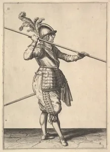 The second movement for bringing the pike on to the shoulder and holding it horizontally, from the Lansquenet series, plate 9, in Wapenhandelinghe van Roers Musquetten Ende Spiessen (The Exercise of Arms)