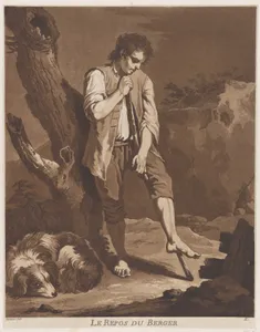 The Shepherds Rest; a young man resting on a stick while his dog lies at his feet