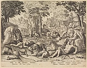 The Sixth Day: The Creation of Animals, Adam and Eve from The Creation of the World by Maerten de Vos|Johann Sadeler I