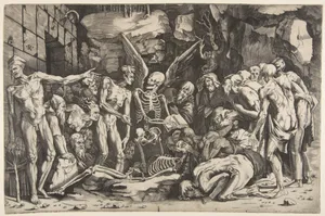 The Skeletons, a group of emaciated men and women gathered around a skeleton laid on the ground and a figure of Death as a winged skeleton standing above it holding an open book
