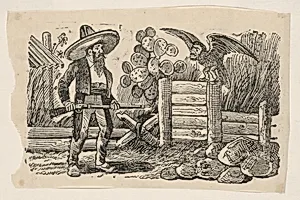 The Sorcerer, a man with a gun confronting a bird with the face of a man by Jean Charlot|José Guadalupe Posada
