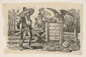 The Sorcerer, a man with a gun confronting a bird with the face of a man