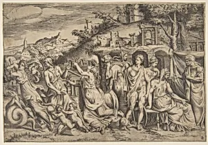 The story of Jason and Medea at the left she carries off her son, in the middle she is shown in her madness, Jason stands at the right by Giulio Bonasone