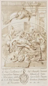 The suicide of Dido lying on the pyre in the centre surrounded by figures