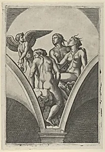 The Three Graces sitting on clouds, cupid at the left, after Raphael's fresco in the Chigi Gallery of the Villa Farnesina in Rome by Marcantonio Raimondi|Raphael (Raffaello Sanzio or Santi)