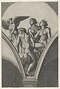 The Three Graces sitting on clouds, cupid at the left, after Raphael's fresco in the Chigi Gallery of the Villa Farnesina in Rome by Marcantonio Raimondi|Raphael (Raffaello Sanzio or Santi)