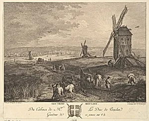 The Three Windmills (Les Trois Moulins) after a painting in the collection of the Duc de Praslin by Balthasar Anton Dunker|Jacques Philippe Le Bas|Jan Brueghel the Elder