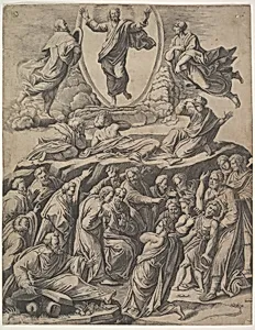 The Transfiguration of Christ who appears upper centre, below him various figures including the Apostles by Master of the Die|Raphael (Raffaello Sanzio or Santi)