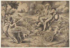 The triumph of Cupid and Psyche who are seated on a chariot drawn by two birds restrained by children