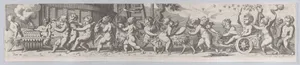 The triumph of the infant Bacchus, who is being pulled along in a chariot by putti playing musical instruments