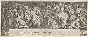 The Triumph of Two Roman Emperors (left-hand side) with soldiers on horseback and men, women, and children fleeing by Cherubino Alberti (Zaccaria Mattia)|Polidoro da Caravaggio