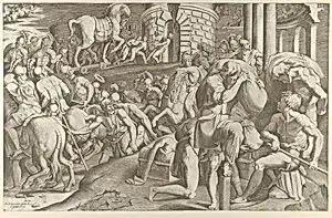 The Trojans hauling the wooden horse into Troy by Giulio Bonasone|Francesco Primaticcio|Carlo Losi