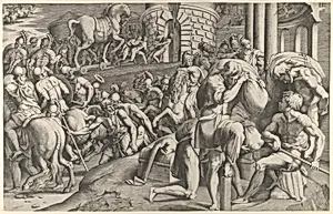 The Trojans hauling the wooden horse into Troy