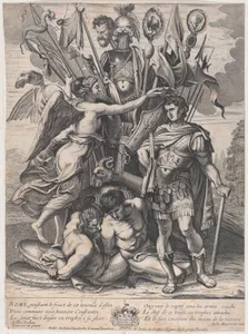 The Trophy of Constantine, with Victory at left crowning the emperor with a laurel, behind them a bounty of arms, armor, prisoners, and Maxentius' head on a stick