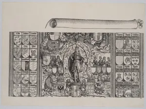 The Upper Portion of the Genealogy of Maximilian; with the Right Edge of the Scroll for the Explanatory Text, from the Arch of Honor, proof, dated 1515, printed 1517–18