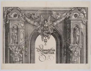 The Upper Section of the Entryway to the Central Portal with a Winged Figure Holding the Imperial Crown, from the Arch of Honor, proof, dated 1515, printed 1517-18