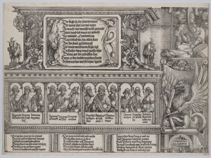 The Upper Section of the Left Portal, with the Inscription on a Lion Skin; a Frieze with Busts of Roman Emperors; and Entablature of the Columns, from the Arch of Honor, proof, dated 1515, printed 1517-18
