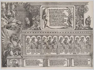 The Upper Section of the Right Portal, with the Inscription on a Stag Skin; a Frieze with Busts of Roman Emperors; and the Entablature of the Columns, from the Arch of Honor, proof, dated 1515, printed 1517-18