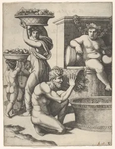 The Vintage; a man pouring grapes from a basket into a vat, above Bacchus sitting, other figures at left