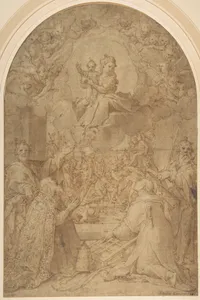 The Virgin and Child Appearing to Saint Peter, Saint Damasus, Saint Lawrence, and Saint Paul; the Martyrdom of Saint Lawrence in the Background