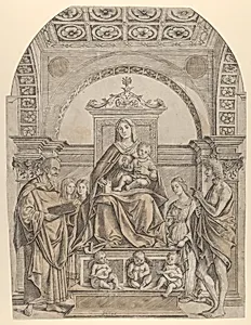 The Virgin and Child enthroned surrounded by saints and angels by Girolamo Mocetto