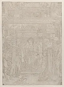 The Virgin and Child enthroned within an elaborate architectural structure, flanked by four saints, at left St John the Baptist and St Angelus, at right St Albert and St Jerome by Giovanni Maria da Brescia