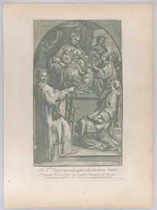 The Virgin and Child seated on a pedestal at center, to the right a monk offers a flower, and in the foreground a saint kneels before them while Saint Lawrence rests his hands on a gridiron; from 'Recueil d'estampes d'après les plus beaux tableaux et d'après les plus beaux desseins qui sont en France, Cabinet Crozat' after a drawing by Pietro Antonio de' Pietri