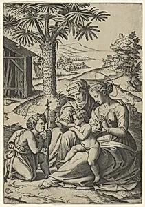 The Virgin and Child with St. Elizabeth and John the Baptist, called 'The Virgin of the Palm Tree' by Marcantonio Raimondi|Raphael (Raffaello Sanzio or Santi)
