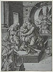 The Virgin and Child with the Infant Baptist, Saint Elizabeth, a Kneeling Prelate, and Three Attendant Angels by Francesco Pinna