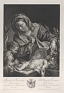 The Virgin and child with the infant Saint John the Baptist, with the Christ child lying on her lap and turning to kiss the Baptist by Francesco Trevisani|Johann Gottlieb Schmidt