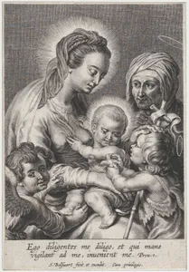 The Virgin and Christ child, with Saint John the Baptist showing them a bird at right, Saint Anne in the background at right, and a putto at lower left
