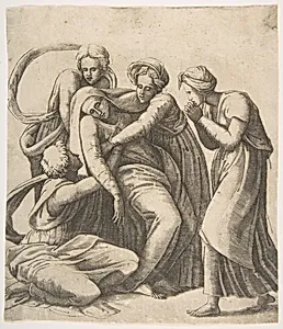The Virgin fainting and being supported in the arms of the holy women by Giulio Bonasone|Raphael (Raffaello Sanzio or Santi)