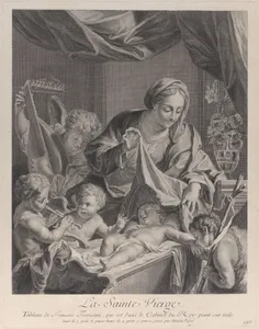 The Virgin holding a cloth above the sleeping Christ child, with musical angels and the infant Saint John the Baptist