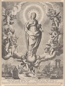 The Virgin in Glory, standing on clouds and surrounded by angels holding the symbols of the Immaculate Conception