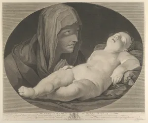 The Virgin in prayer, looking at the sleeping infant Christ, in an oval frame, after Reni