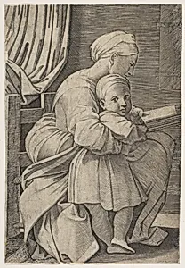 The Virgin in profile facing right reading to the infant Christ by Marco Dente|Raphael (Raffaello Sanzio or Santi)