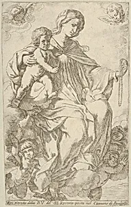 The Virgin in the clouds holding a rosary in her left hand and embracing the infant Christ, who also holds a rosary, angels surrounding them by Lorenzo Loli|Giovanni Andrea Sirani