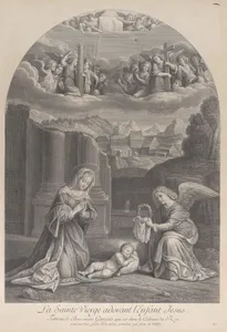 The Virgin Mary adoring the Christ child, an angel holding a crown of thorns at right