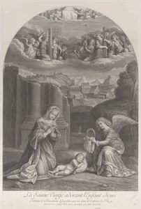 The Virgin Mary adoring the Christ child, an angel holding a crown of thorns at right
