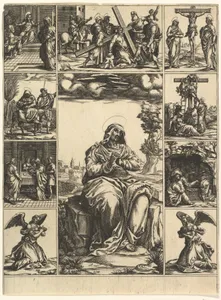 The Virgin of Sorrows; an image of the Virgin Mary surrounded by nine vignettes depicting scenes of her life