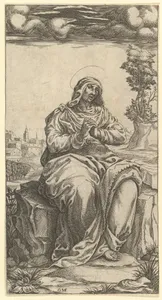 The Virgin of Sorrows; central part of a print with nine surounding compartments, now separated