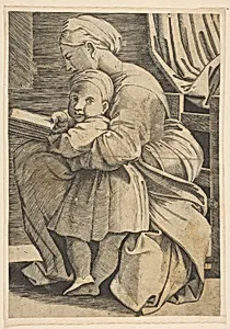 The Virgin reading with the infant Christ; woman seated in profile facing left and reading with an arm around a child who looks out toward the viewer by Marco Dente|Raphael (Raffaello Sanzio or Santi)|Anonymous, Italian, 16th to early 17th century