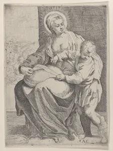 The Virgin seated holding a pillow on her lap with the young Christ standing at right