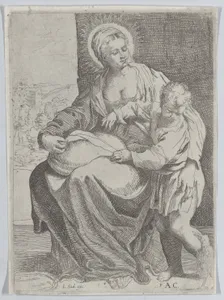 The Virgin seated holding a pillow on her lap with the young Christ standing at right