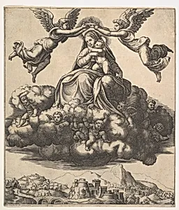 The Virgin seated on clouds being crowned by angels by Master of the Die|Raphael (Raffaello Sanzio or Santi)