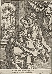 The Virgin seated with the Christ Child on her lap embracing her, Joseph seen through an archway at left by Guido Reni